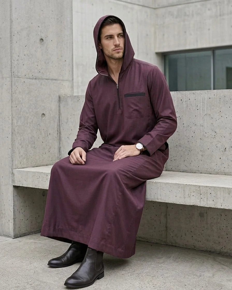 Premium Mulberry Plum Hooded Thobe with Quarter Zip