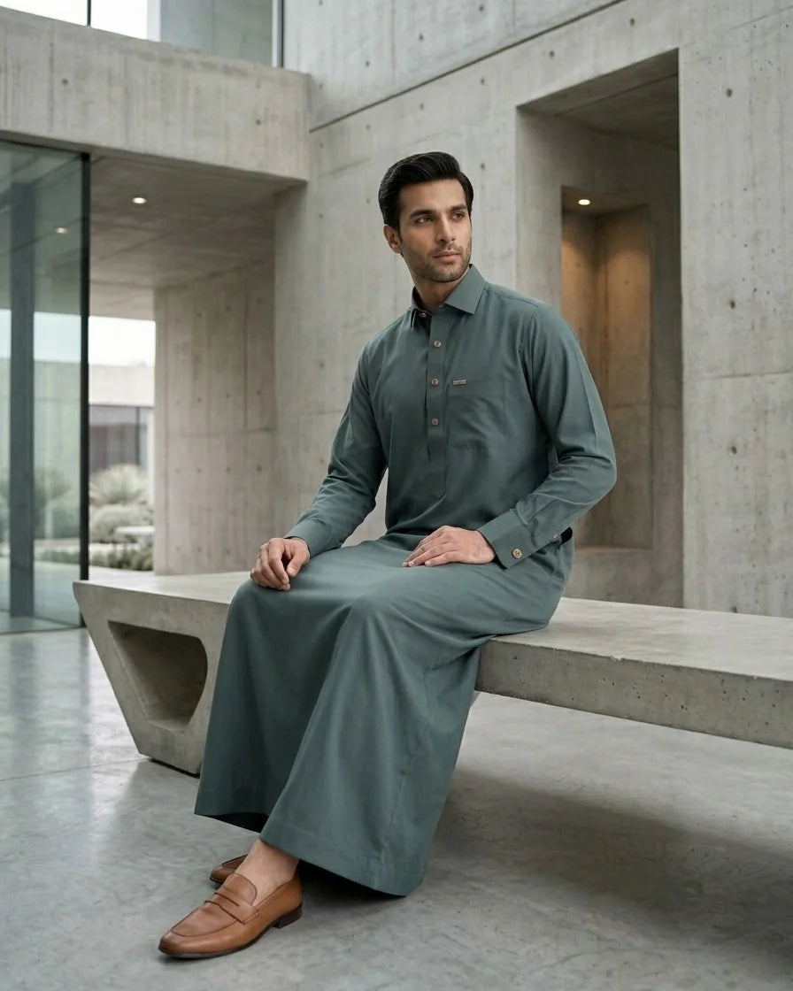 Premium Executive Sage Green Thobe with Shirt Collar