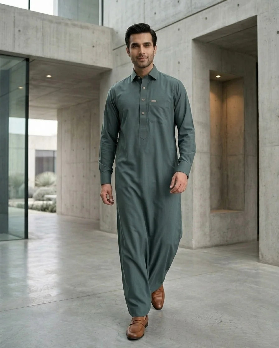 Premium Executive Sage Green Thobe with Shirt Collar