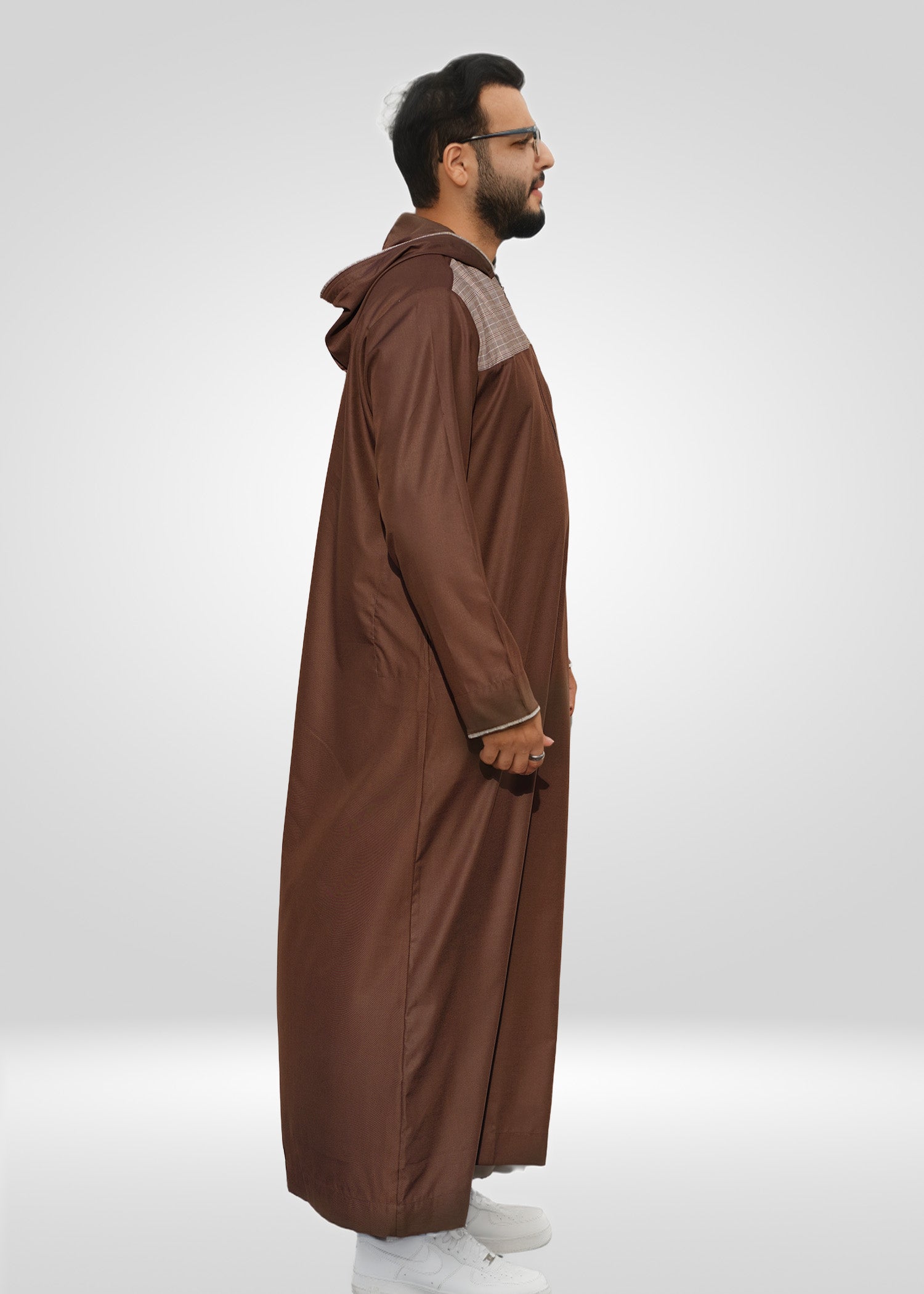 Back view of the Brown Hoodie Thobe highlighting the cool hooded silhouette and relaxed fit