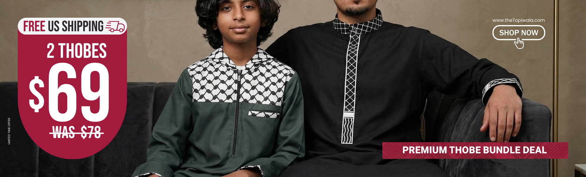 Exclusive Ramadan bundle deals on premium men's thobes. Get 3 thobes for $99 or 2 for $69. Mix and match your favorite colors with free US shipping. Shop the best Islamic menswear collection for Eid 2026 and Taraweeh prayers at The Topi Wala USA.
