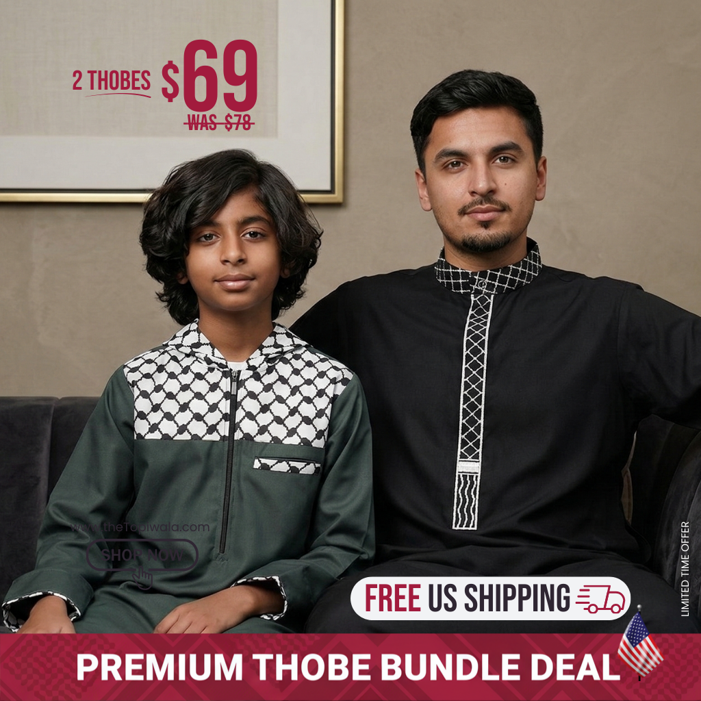 Limited time Ramadan offer: 3 Thobes for $99 or 2 for $69. Premium quality Muslim clothing with fast and free US shipping. Shop modest men's fashion, Arabic robes, and Palestine hoodies. The best deals on Islamic outfits for Ramadan and Eid.