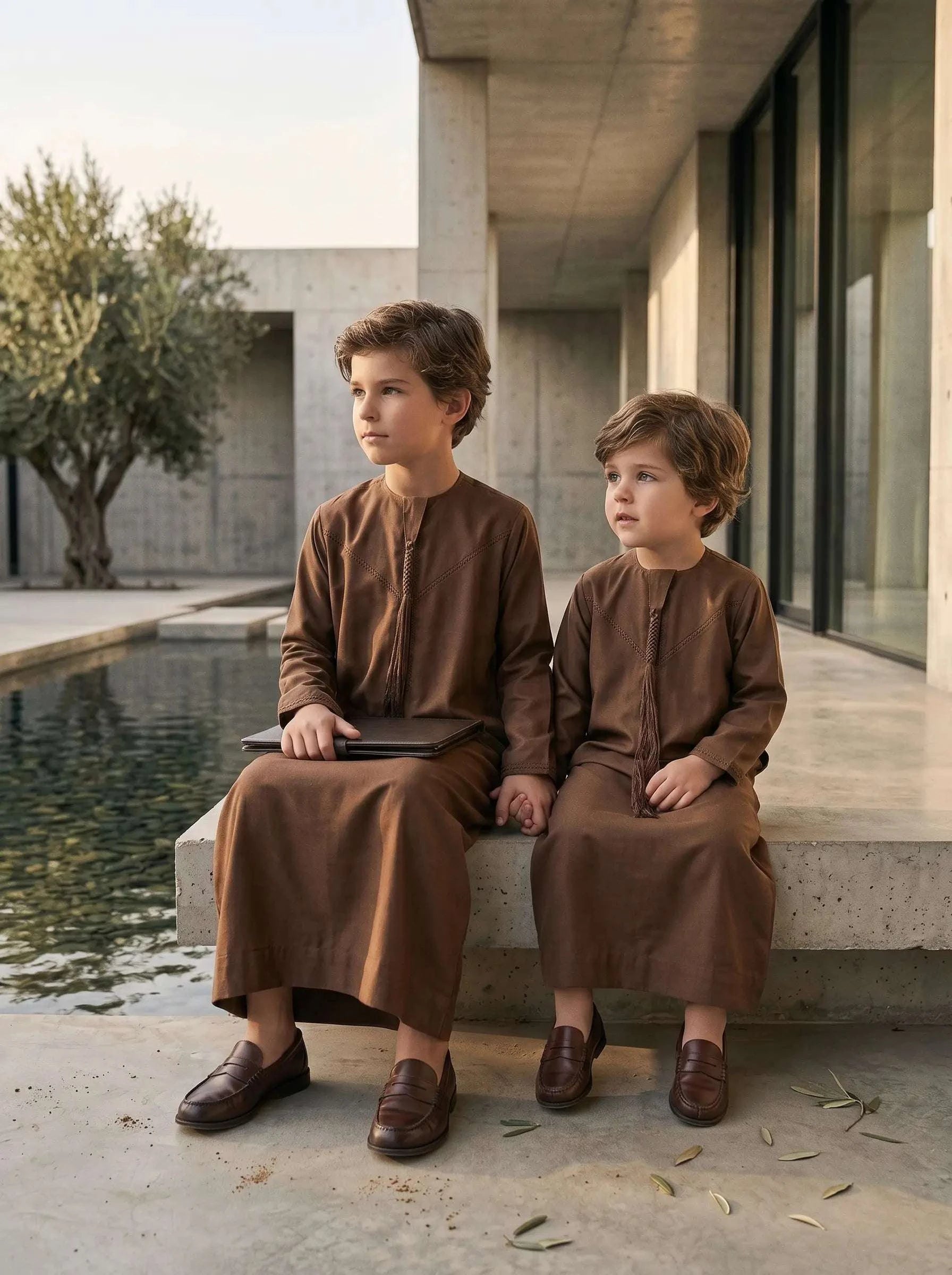 Mocha brown Emirati thobe with braided tarboush for boys, close-up of the fabric
