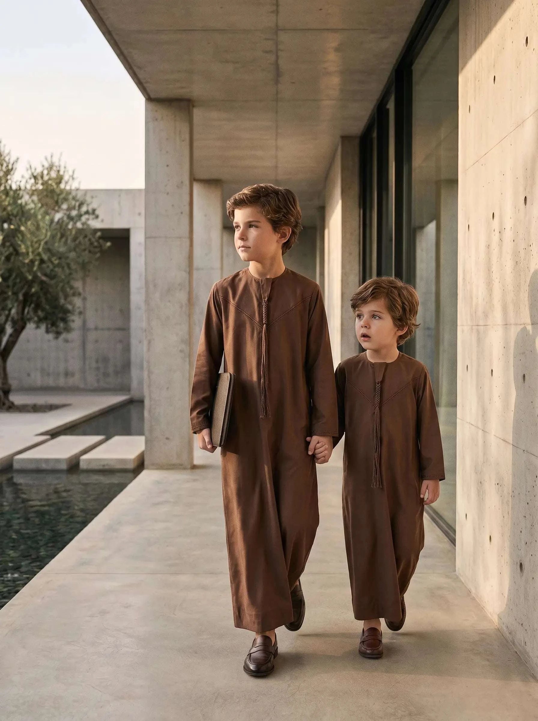 Mocha brown Emirati thobe with braided tarboush for boys, full front view
