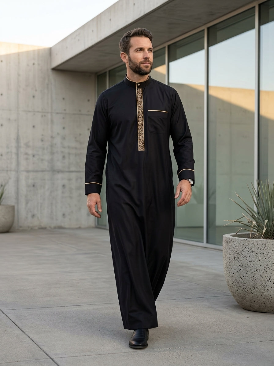Premium Black Executive Thobe with Gold Embroidery