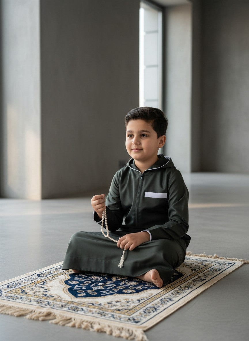 Boy standing by a large window looking out, wearing a dark green hoodie-style thobe with the hood up. Premium kids Islamic apparel, modern modest lifestyle, and comfortable everyday boys jubba.