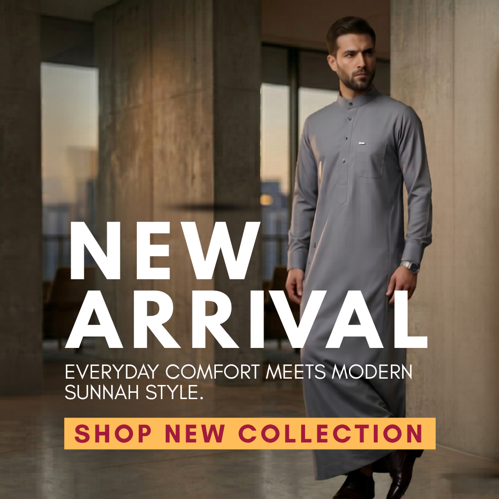 The Topiwala New Arrivals featuring men in stylish beige, blue, and grey thobes. Text: 'New Arrivals - Everyday comfort meets modern Sunnah style.' Explore our newest premium Islamic home clothing, comfortable casual jubbas, and modern modest menswear. Perfect everyday Sunnah wear, relaxing Muslim loungewear, and elegant thobes designed for daily prayers, comfortable home living, and casual outings. Shop the best quality Islamic apparel and everyday modest fashion for men.