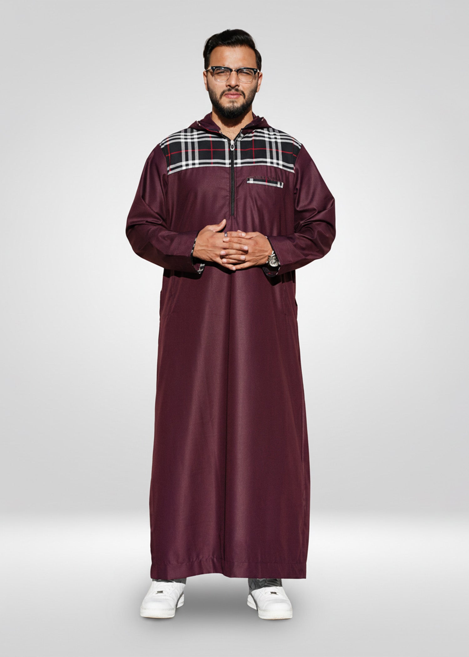 Front view of the Maroon Hoodie Thobe showing the checkered pattern and modern streetwear style