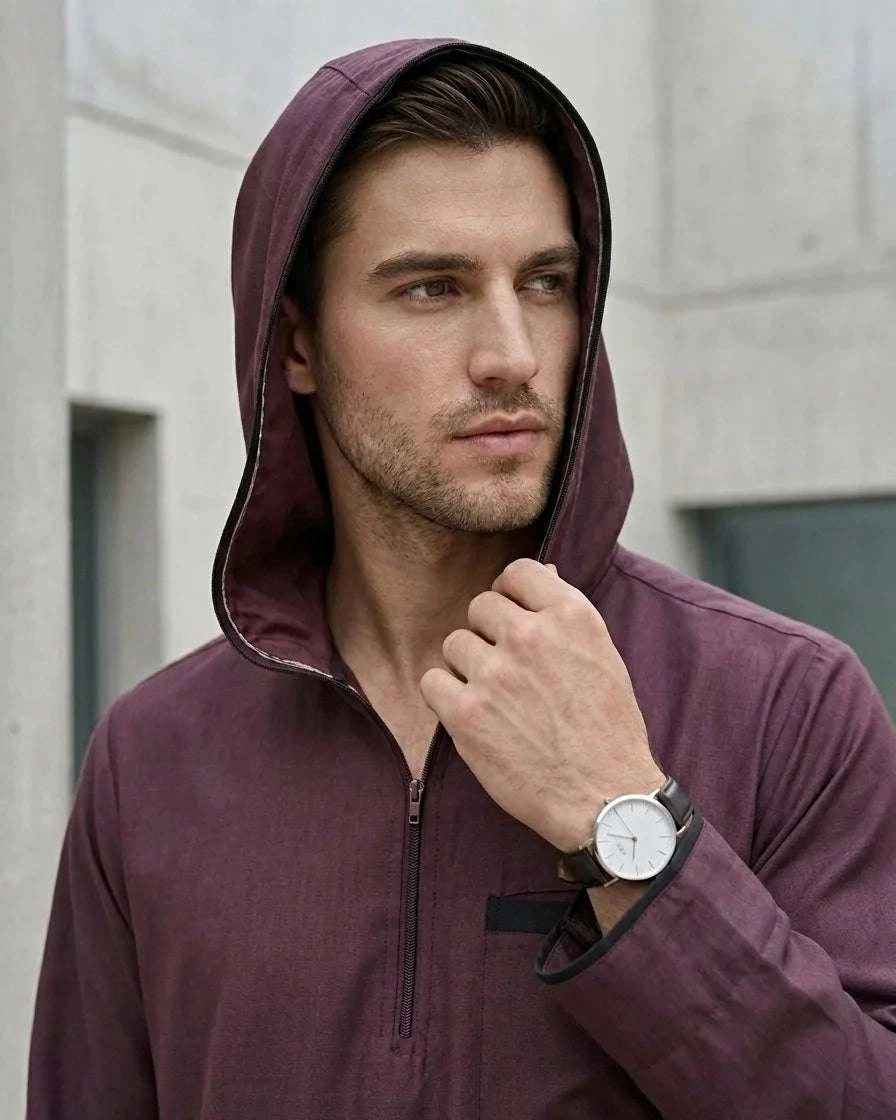 Mulberry plum hooded thobe with quarter zip for men, hood and drawstring in detail