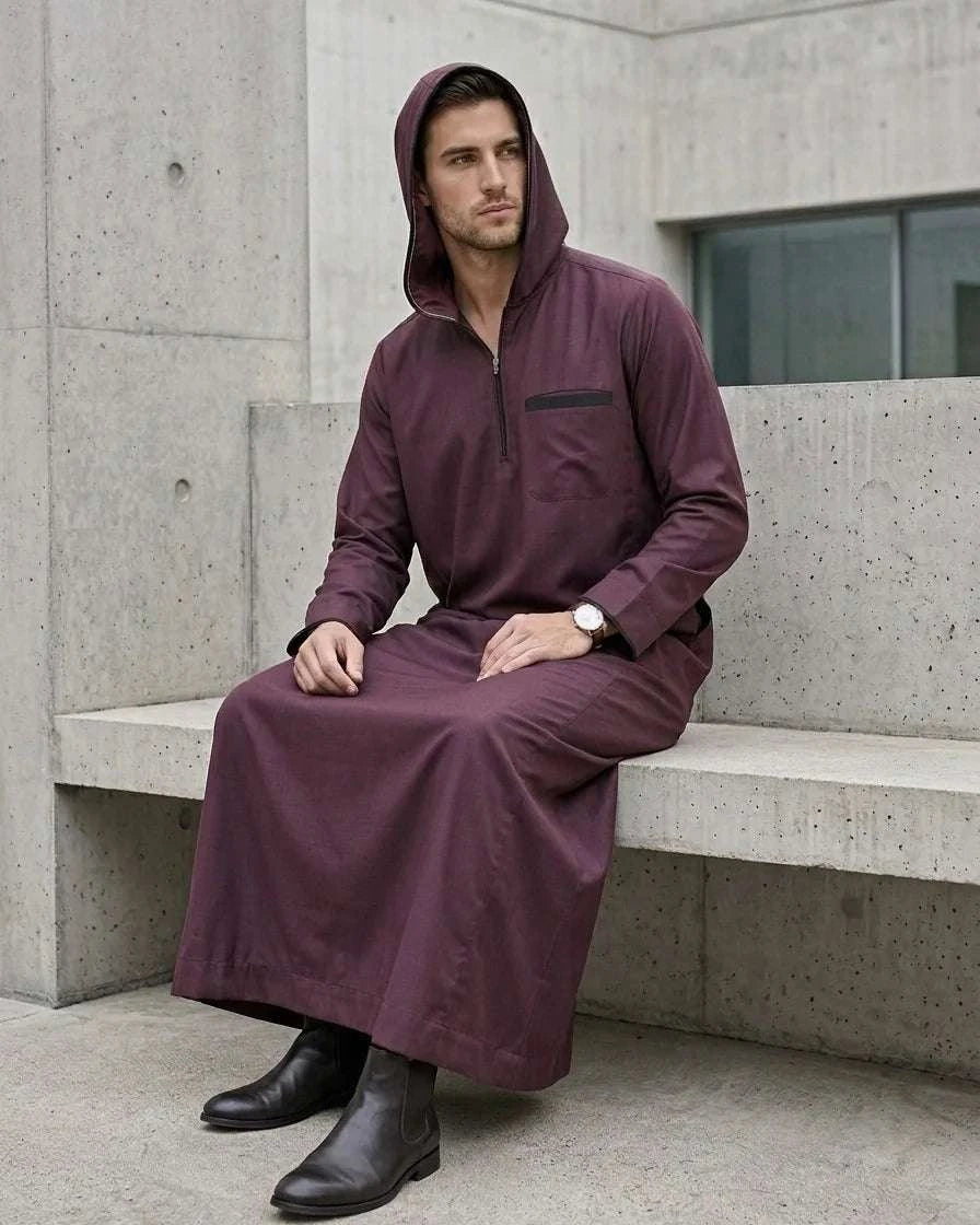 Mulberry plum hooded thobe with quarter zip for men, length and sleeve line