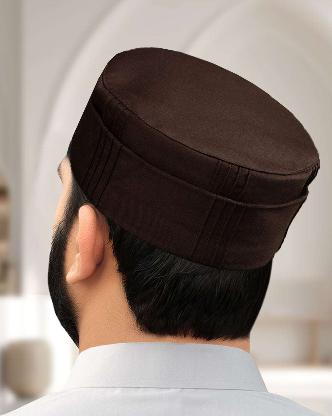 Brown pleated structured kufi prayer cap for men, made for daily salah