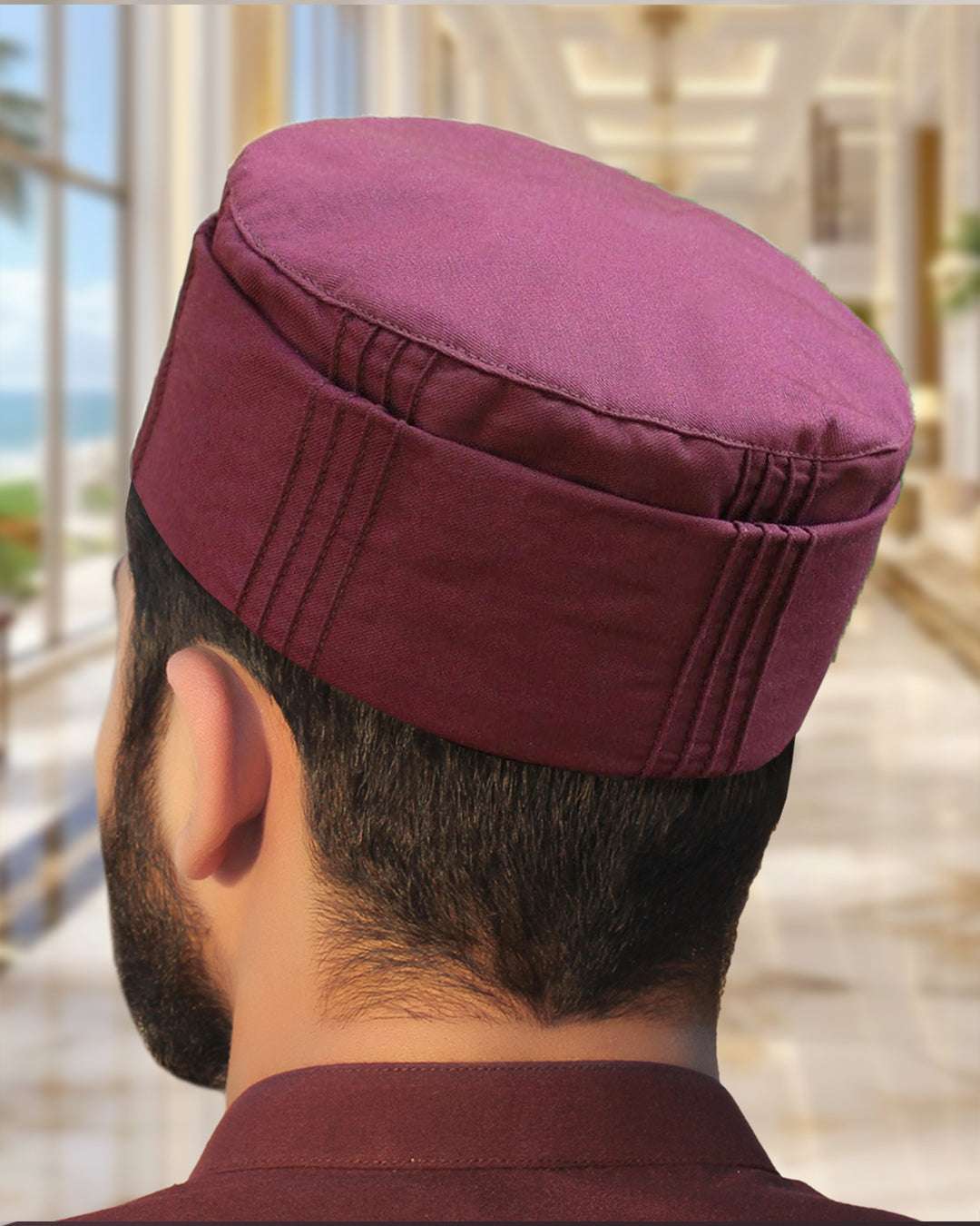 Maroon pleated structured kufi prayer cap for men, an everyday Sunnah essential
