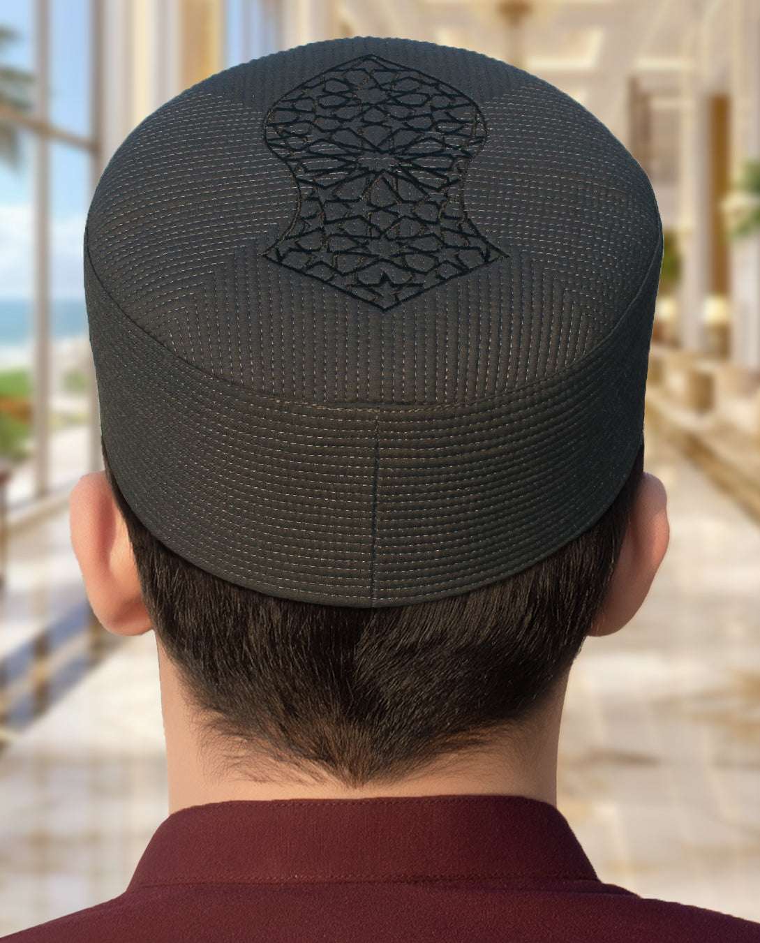 Naqsh pattern hand-crafted kufi prayer cap for men, made for daily salah