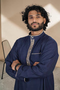 Men's Navy Blue and Beige Thobe – Geometric Embroidery