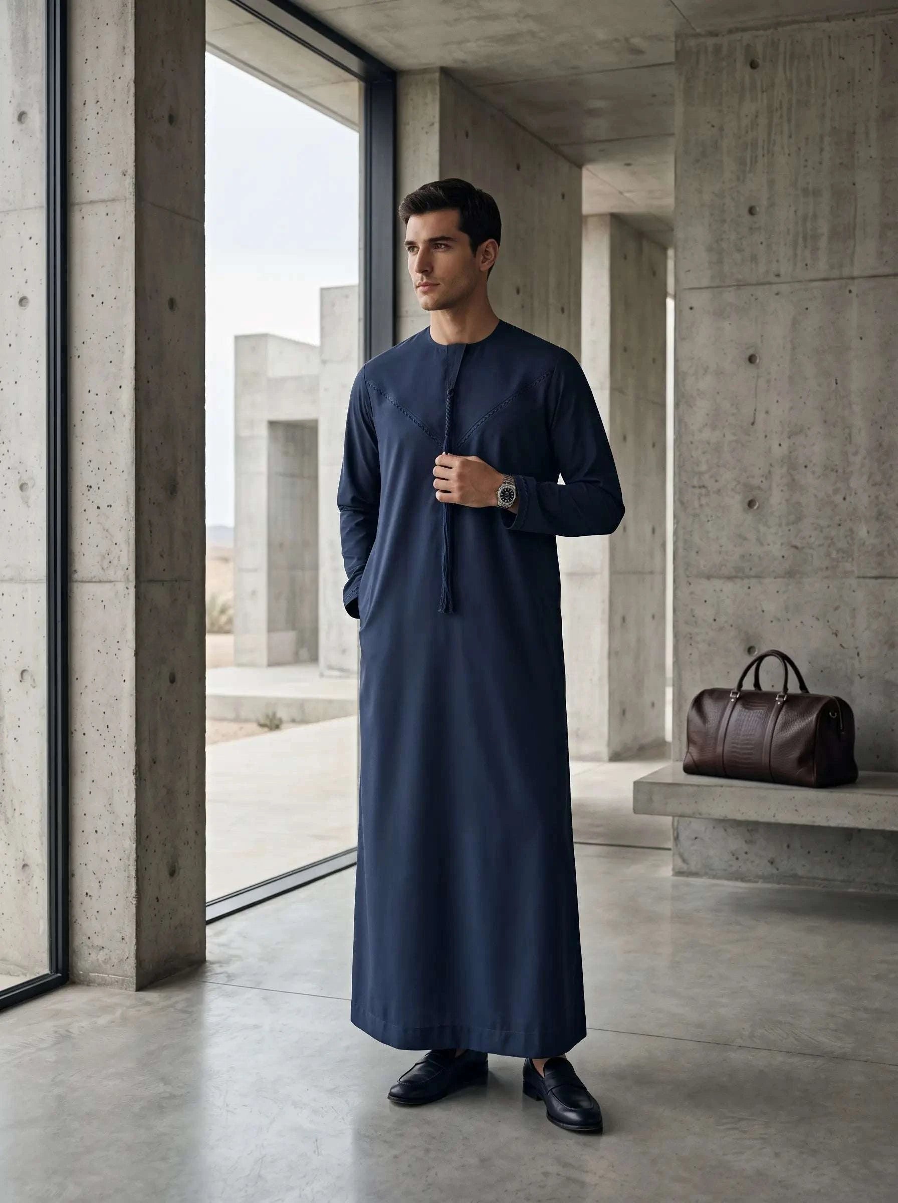 Navy blue Emirati thobe with braided tarboush for men, full front view