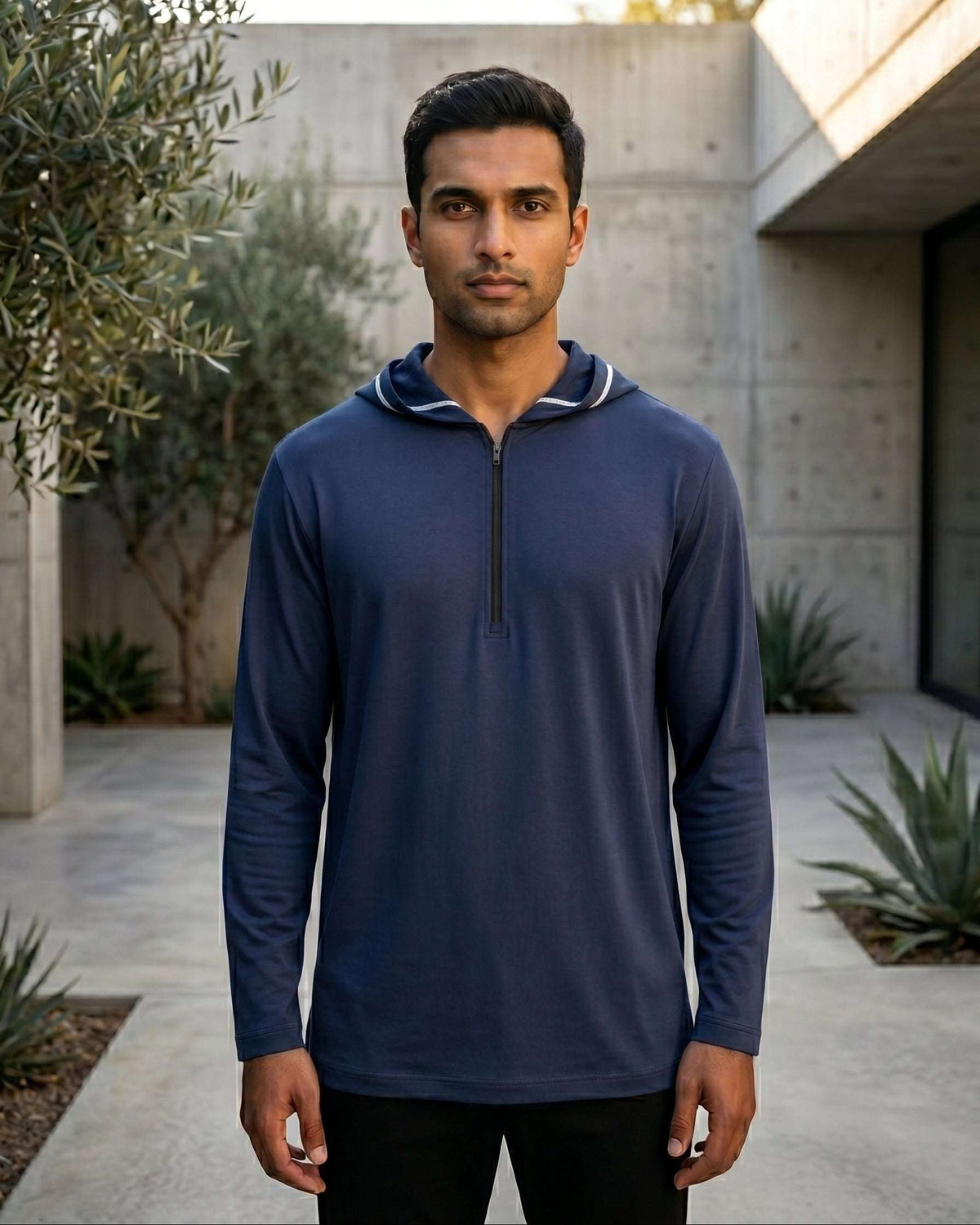 Navy blue hooded kurta with jersey half-zip for men, side profile view