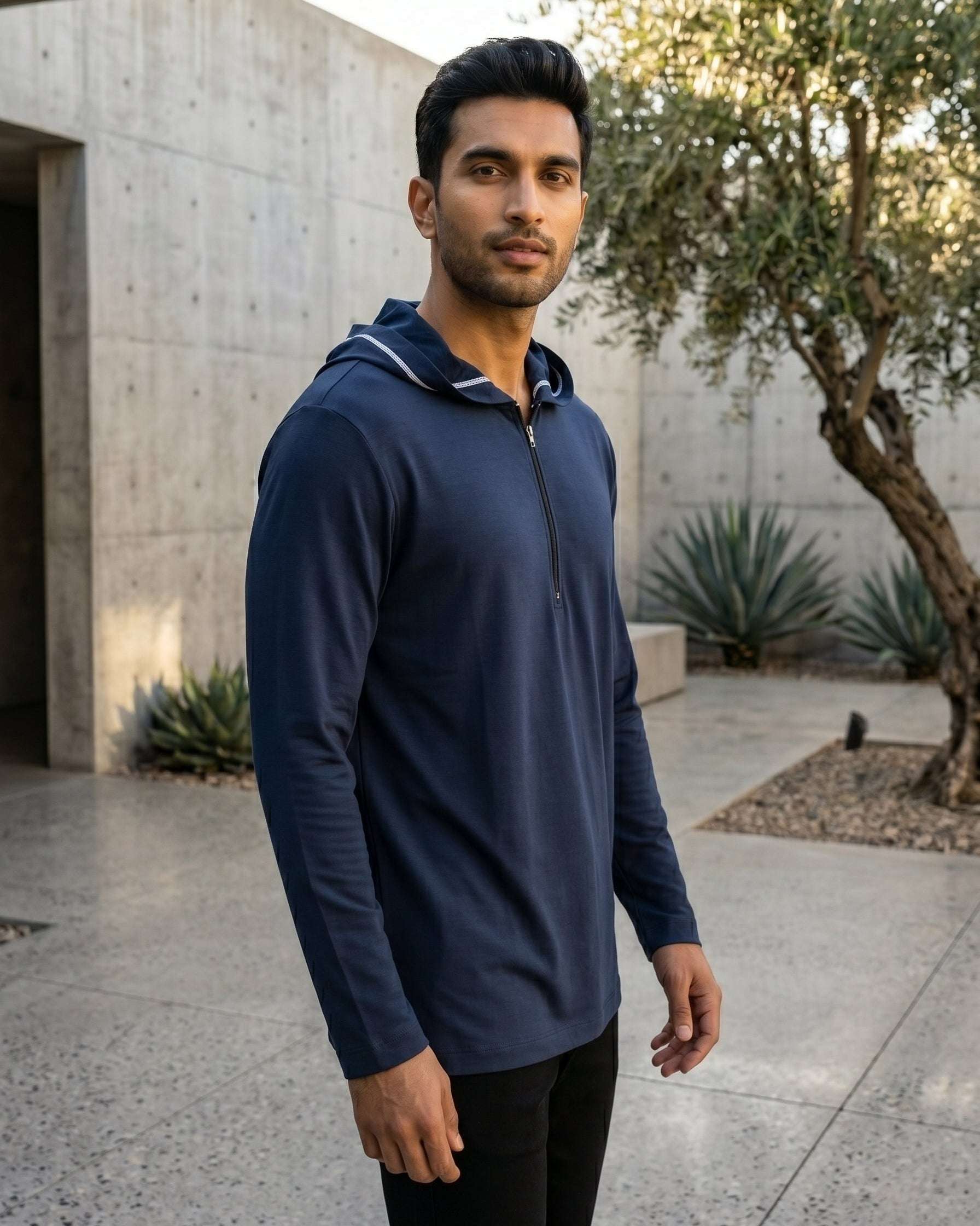Navy blue hooded kurta with jersey half-zip for men, close-up of the zip pull
