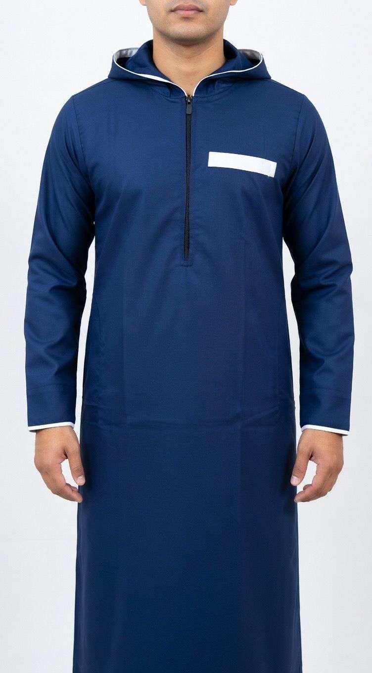 Navy blue hooded thobe with sporty half-zip for men, collar and button detail