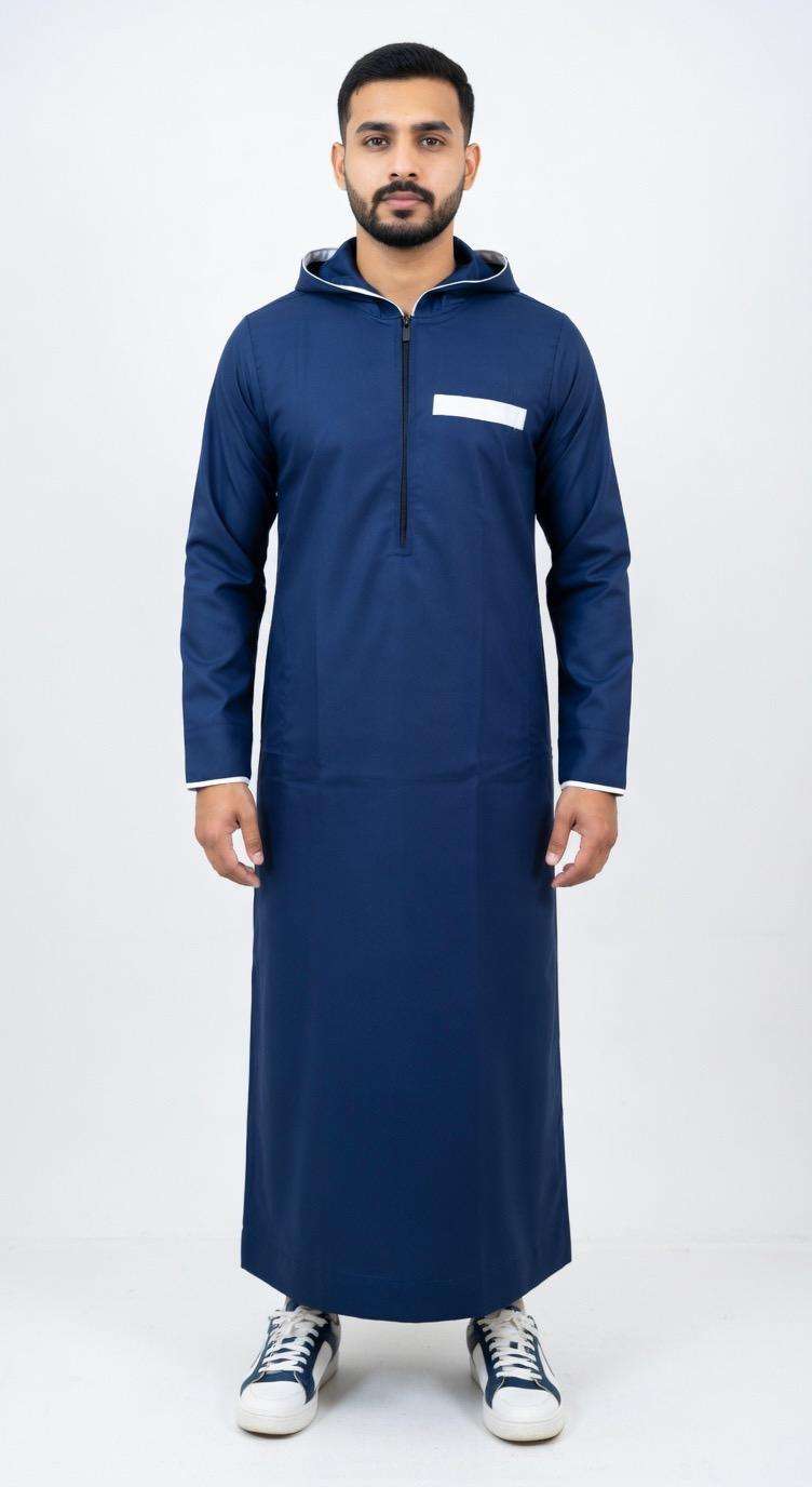 Navy blue hooded thobe with sporty half-zip for men, full front view