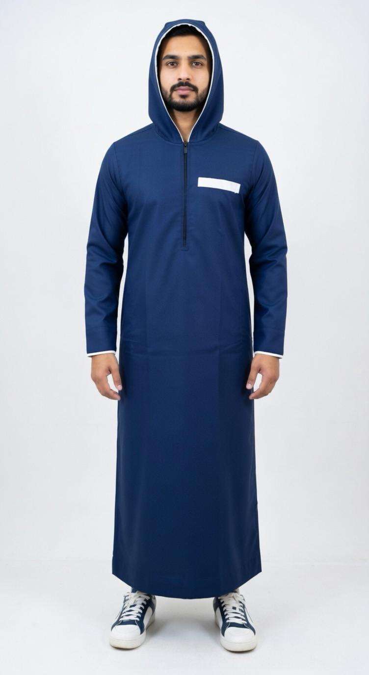Navy blue hooded thobe with sporty half-zip for men, side profile view