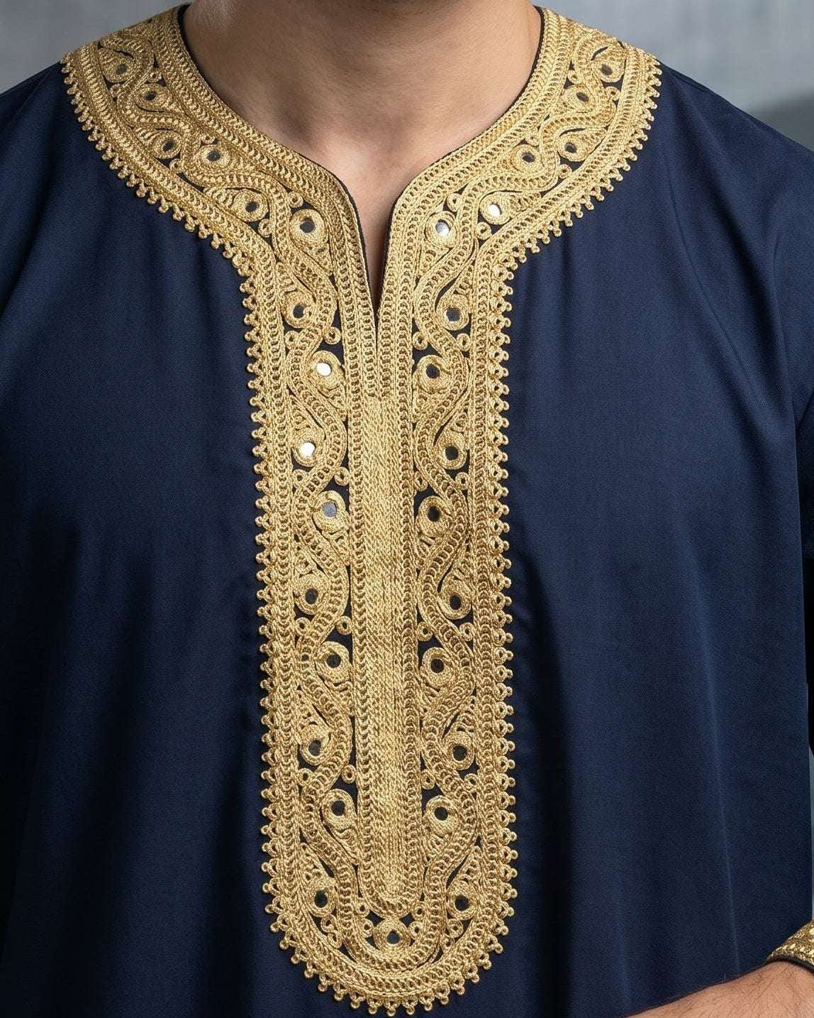 Navy blue Moroccan gandora with gold embroidery for men, close-up of the embroidered detailing