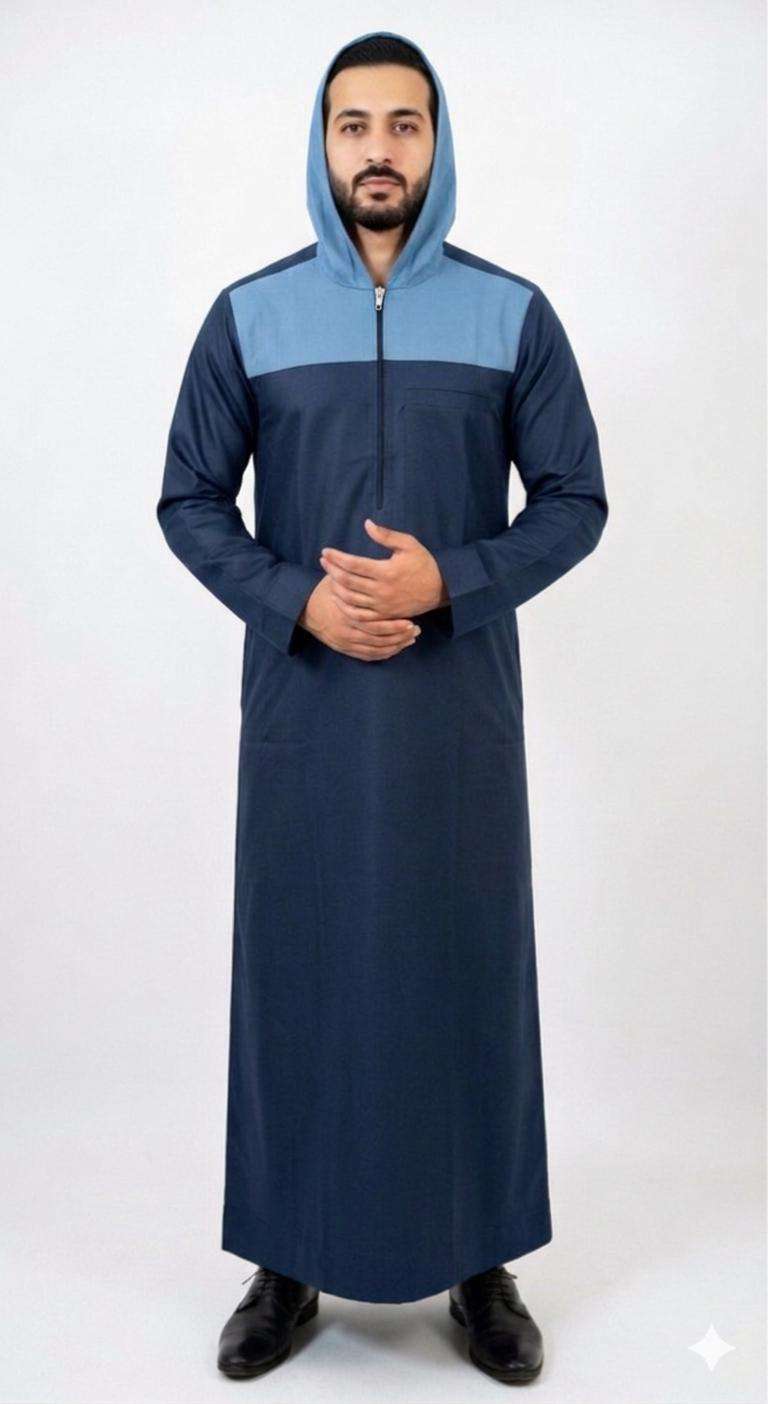Navy and steel blue hooded thobe for men, close-up of the collar and buttons