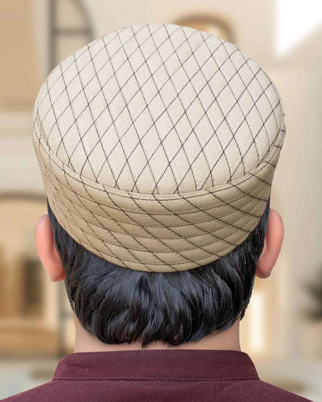 Rocky ridge quilted kufi prayer cap with brown stitching, styled for Eid and Jumuah