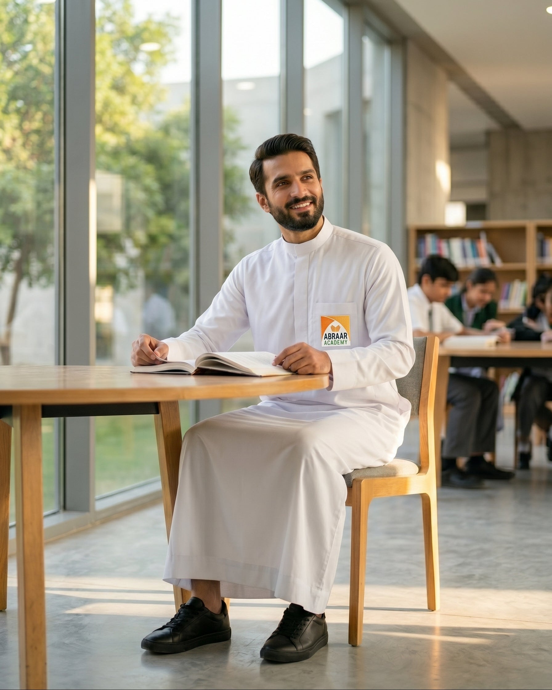 Close up of Abraar Academy official white uniform thobe for men, embroidered school logo on chest pocket, crisp white jubbah, high-quality Islamic school uniform, traditional school attire for staff.