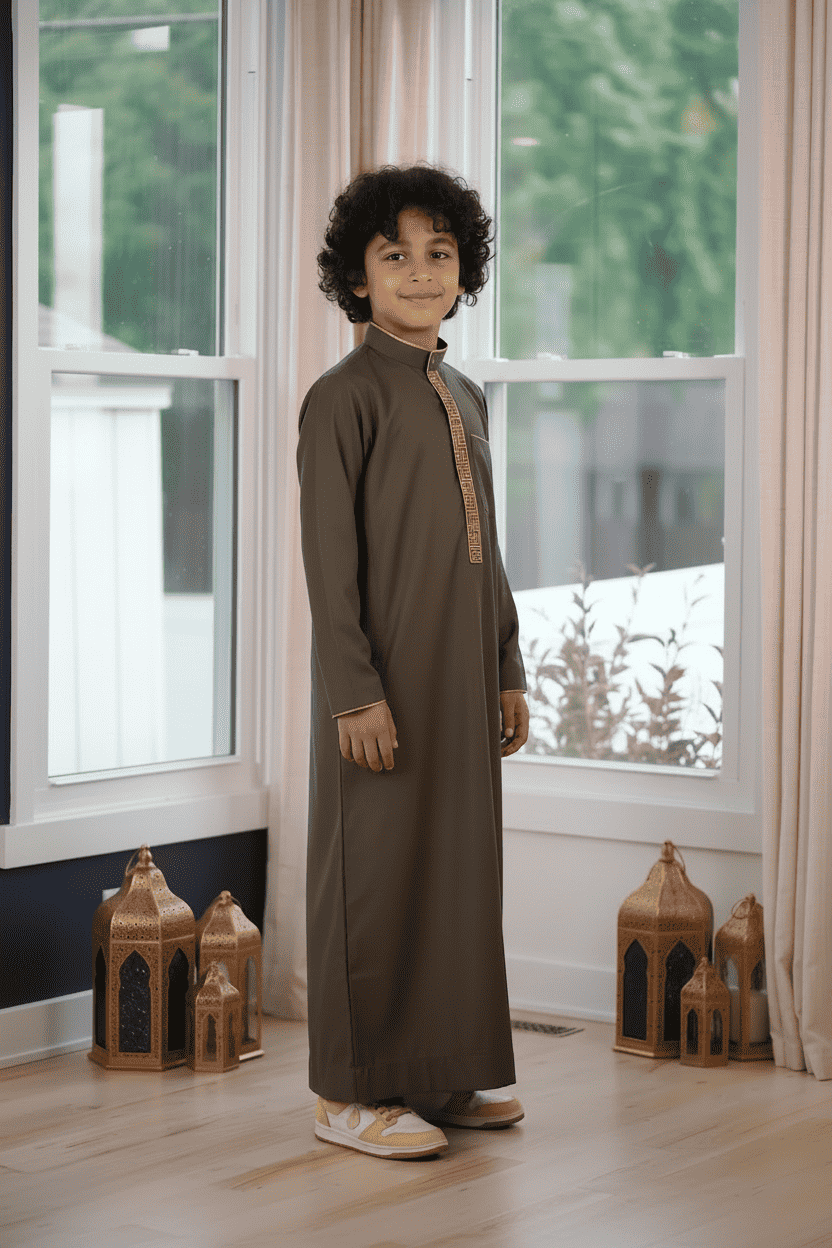 Olive green embroidered thobe for boys, sleeve and cuff in close detail