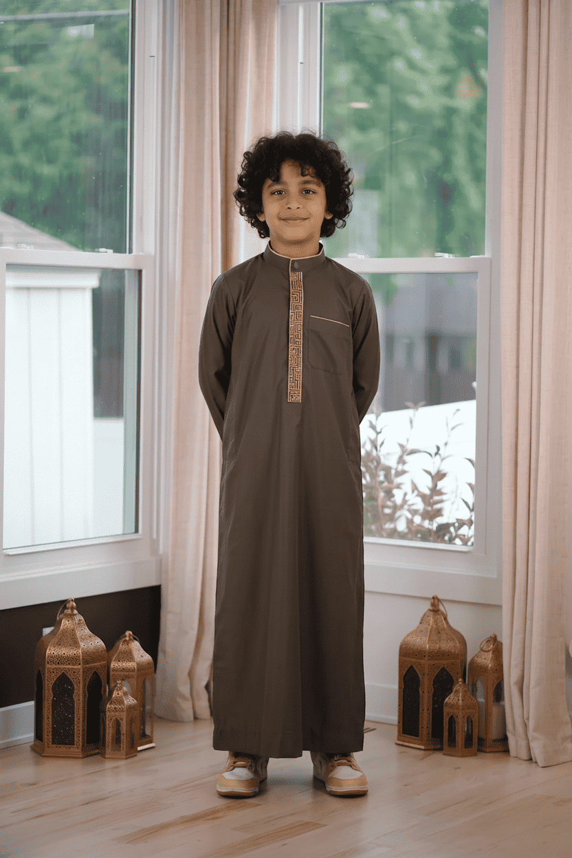 Olive green embroidered thobe with mandarin collar for boys, close-up of the sleeve cuff