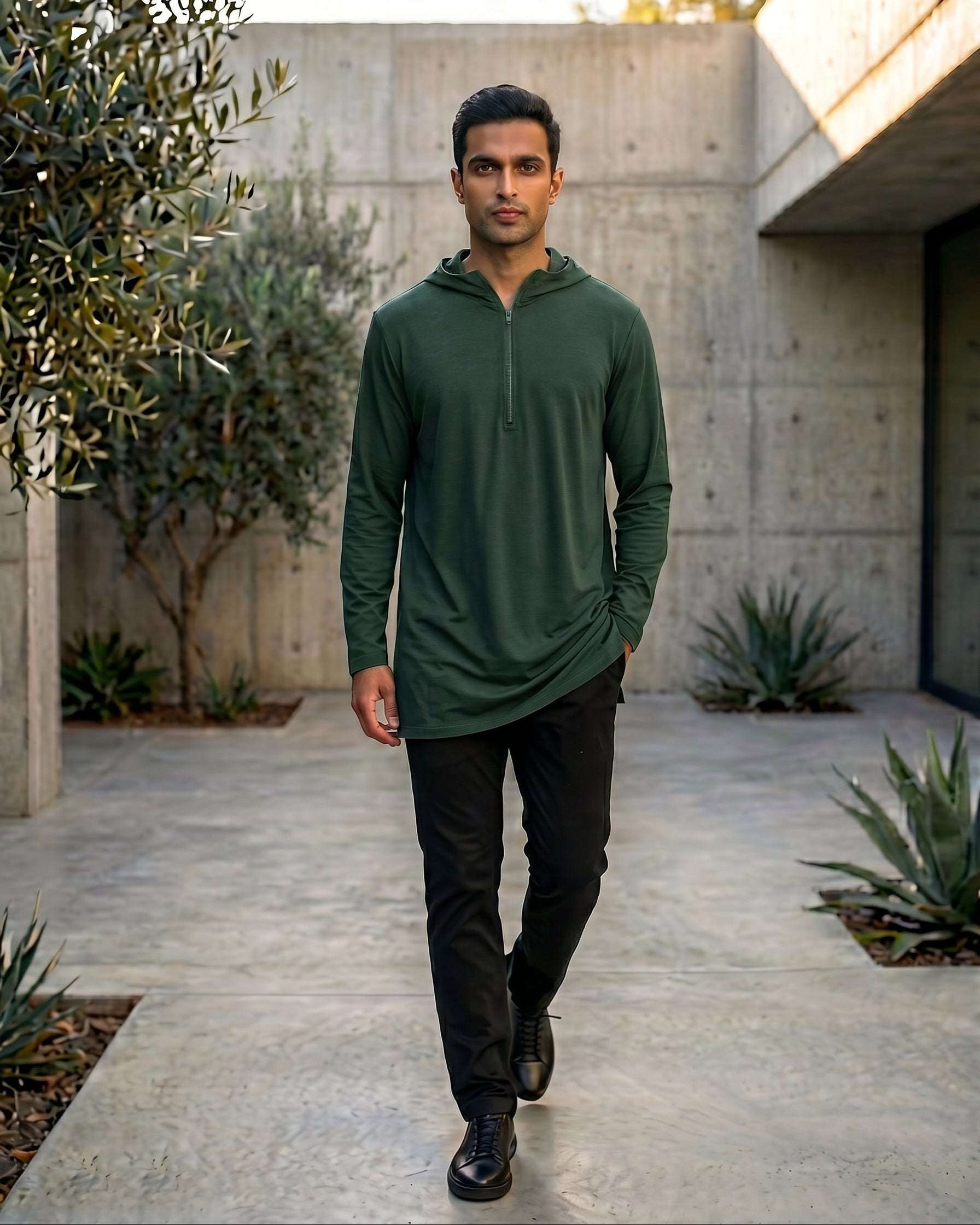 Olive green hooded kurta with half-zip jersey for men, back view