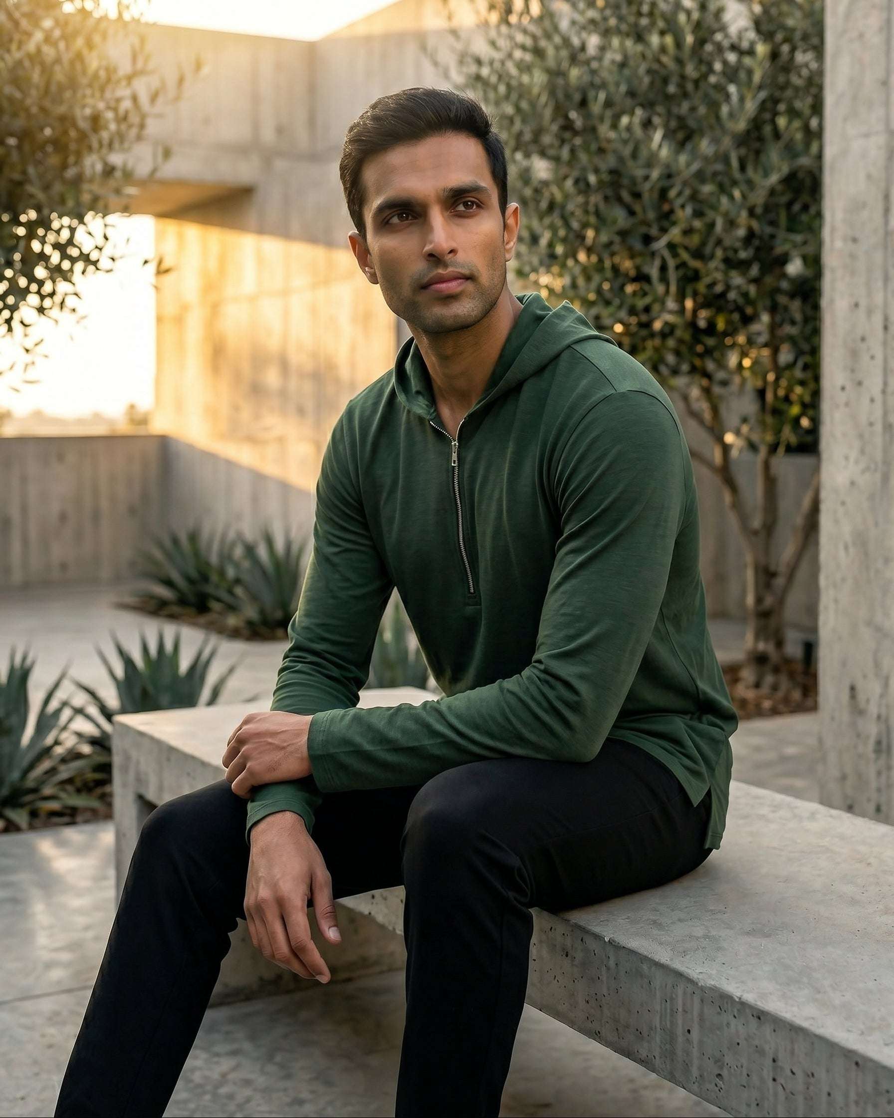 Olive green hooded kurta with half-zip jersey for men, side profile view