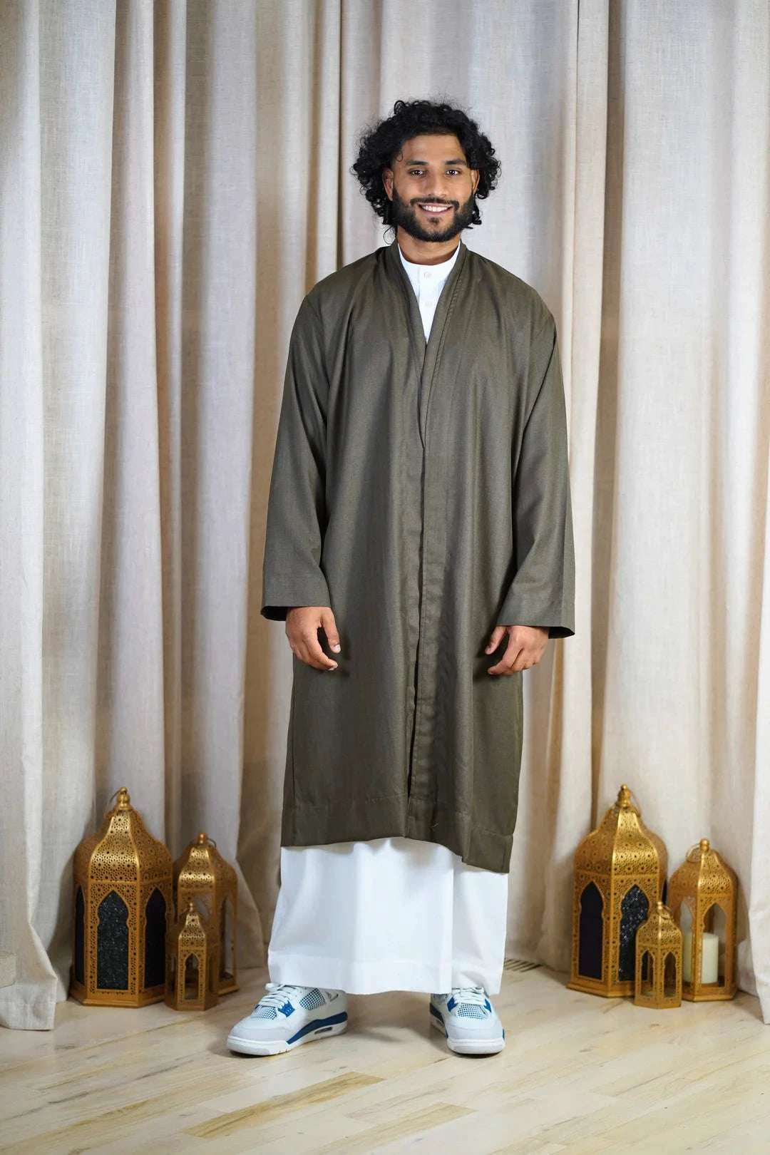 Olive khaki Turkish coat for men, full front view