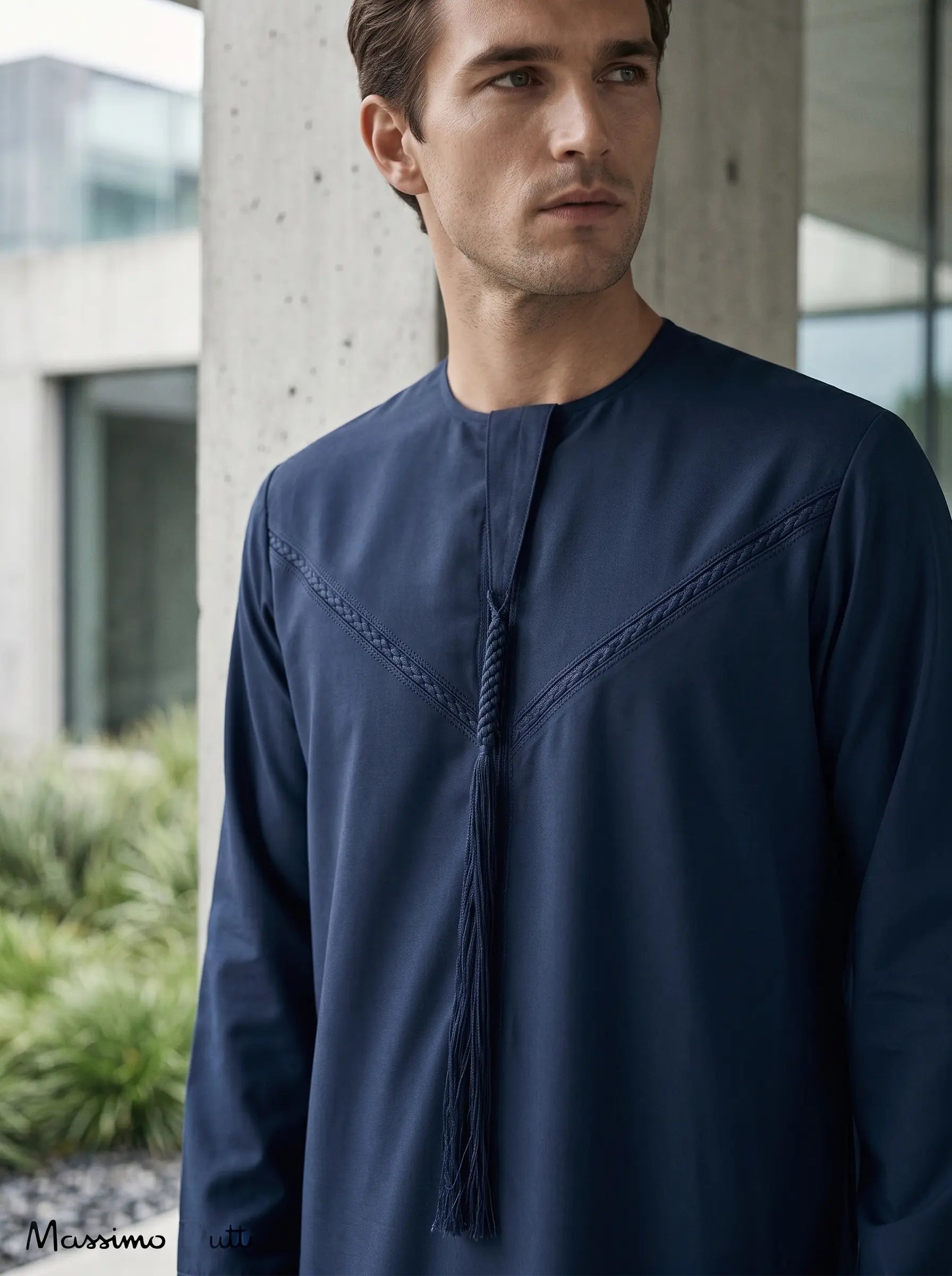 Navy kids Emirati thobe braided embroidery closeup