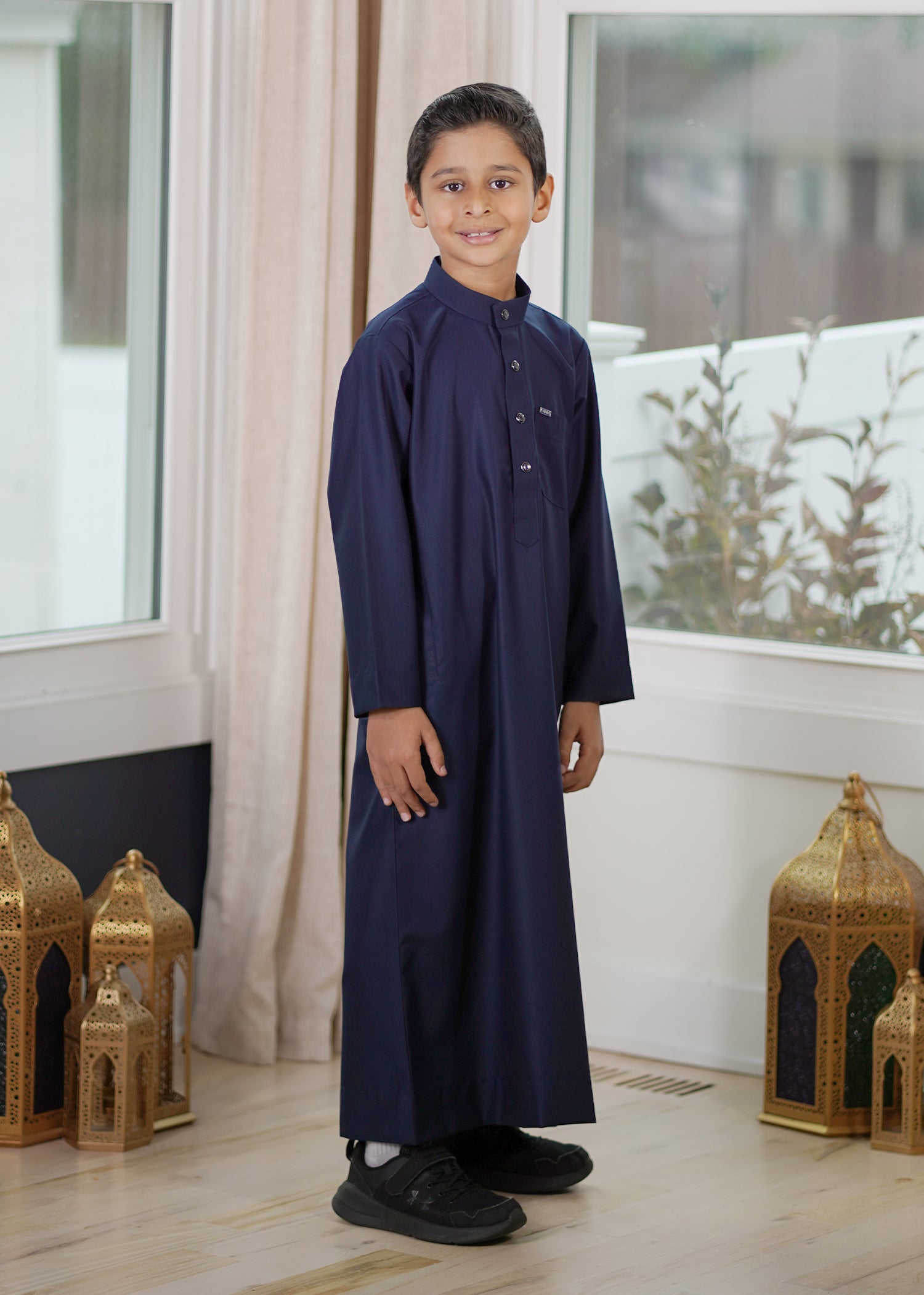 Front view of the Plain Navy Blue Kids Thobe designed for father and son matching outfits