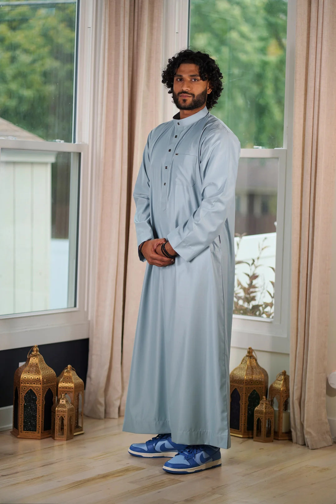 Premium Light Blue Muslim Thobe, Stylish Lifestyle, Year-Round Formal Wear.