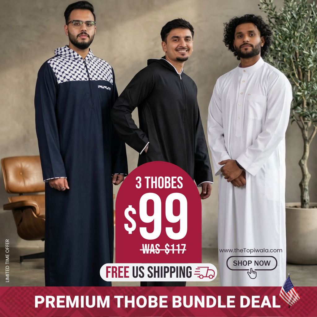 Upgrade your Ramadan 2026 & Eid wardrobe with our premium men's thobe bundle. Buy 3 Islamic jubbahs for $99 plus free US shipping. Shop modest Muslim clothing, Arabic robes, and Palestine hoodie thobes. Best Islamic menswear and gifts for him USA.