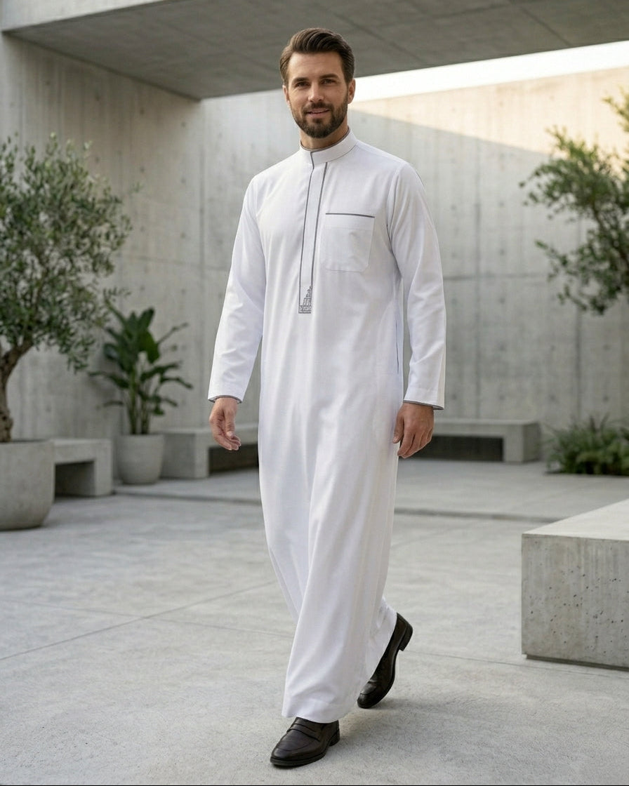 Premium white executive thobe for men with grey piping, formal mandarin collar jubbah, luxury Islamic clothing, modest professional wear for Muslim men, modern geometric embroidered gandora, high quality Sunnah apparel.