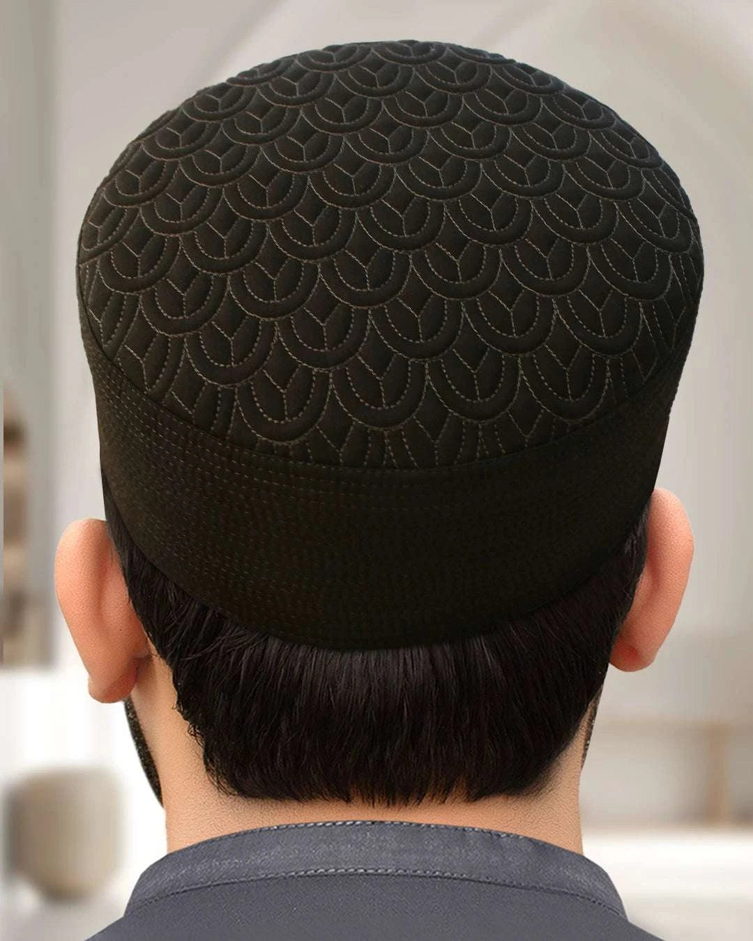 Dark olive embroidered kufi prayer cap for men, an everyday Sunnah essential