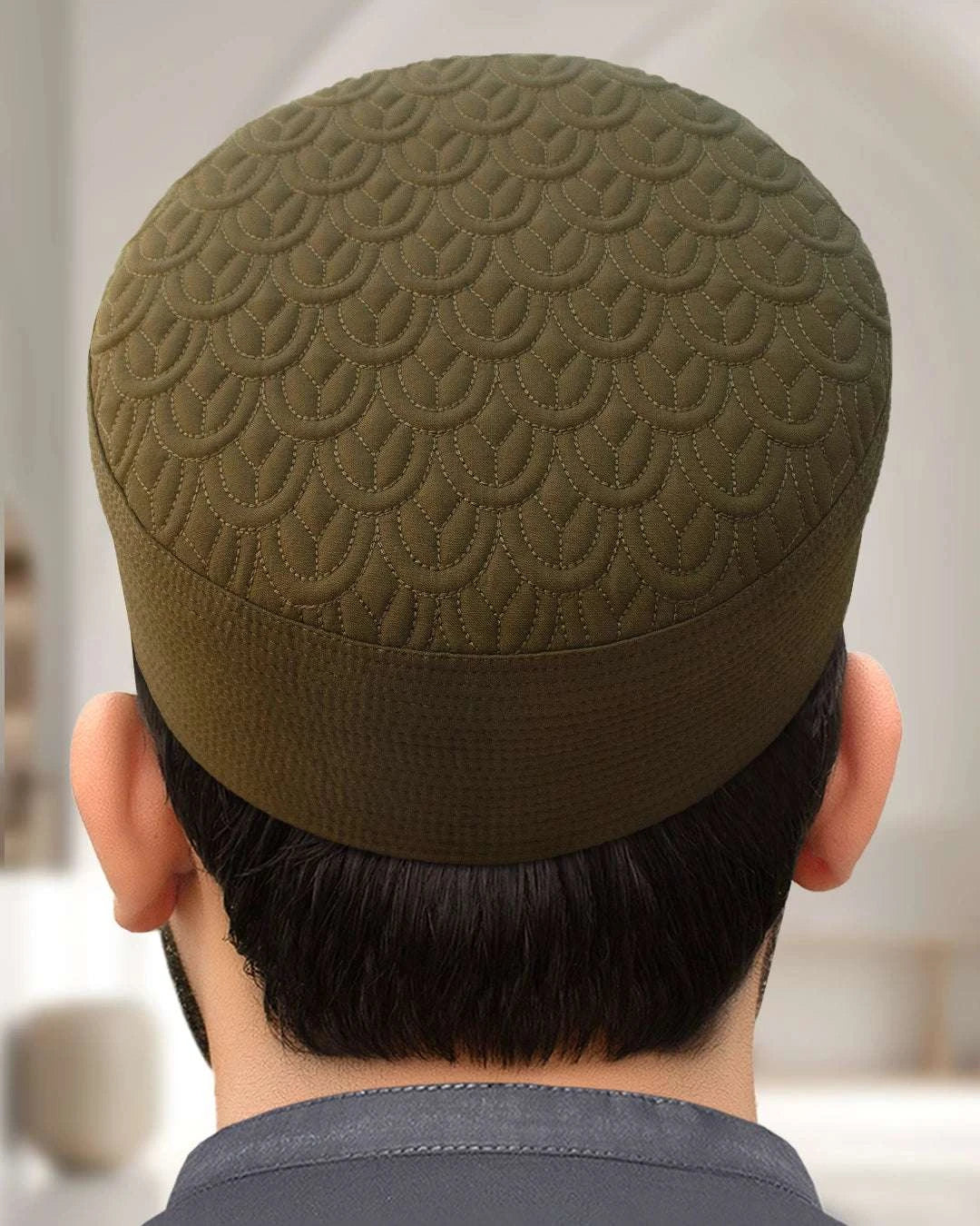 Smoky ash embroidered kufi prayer cap for men, stitched surface in close detail