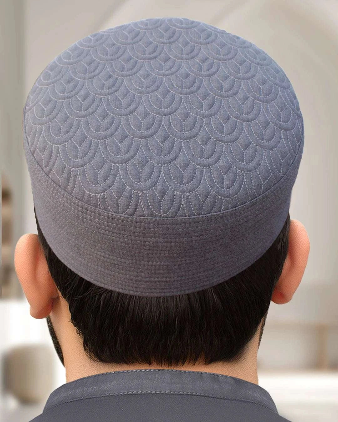 Storm gray embroidered kufi prayer cap for men, a breathable everyday option