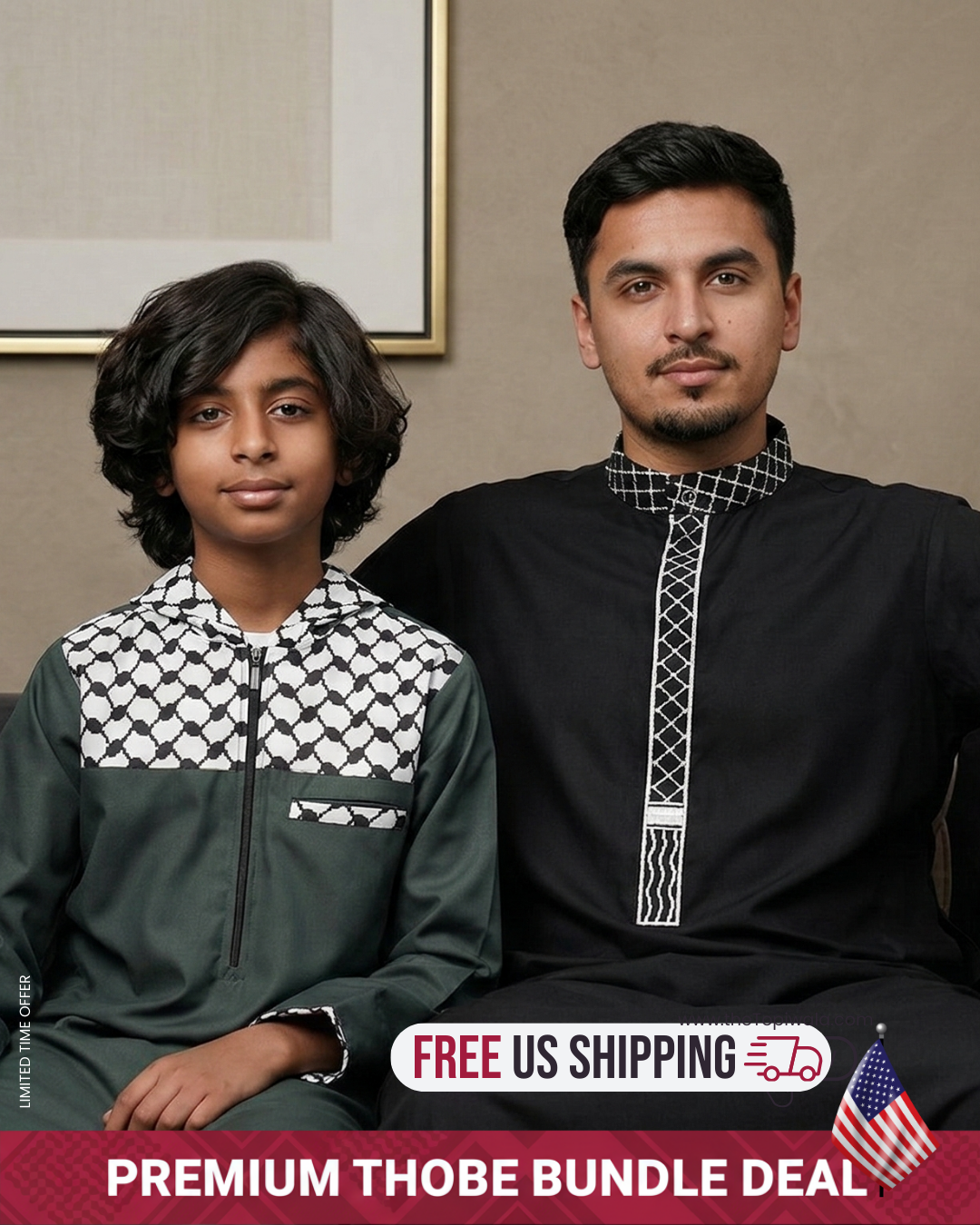 Ramadan 2026 thobe bundle deals. Mix and match premium men's Islamic clothing. Get 3 jubbahs for $99 or 2 for $69 with free US shipping. Shop modest Muslim menswear at The Topi Wala.