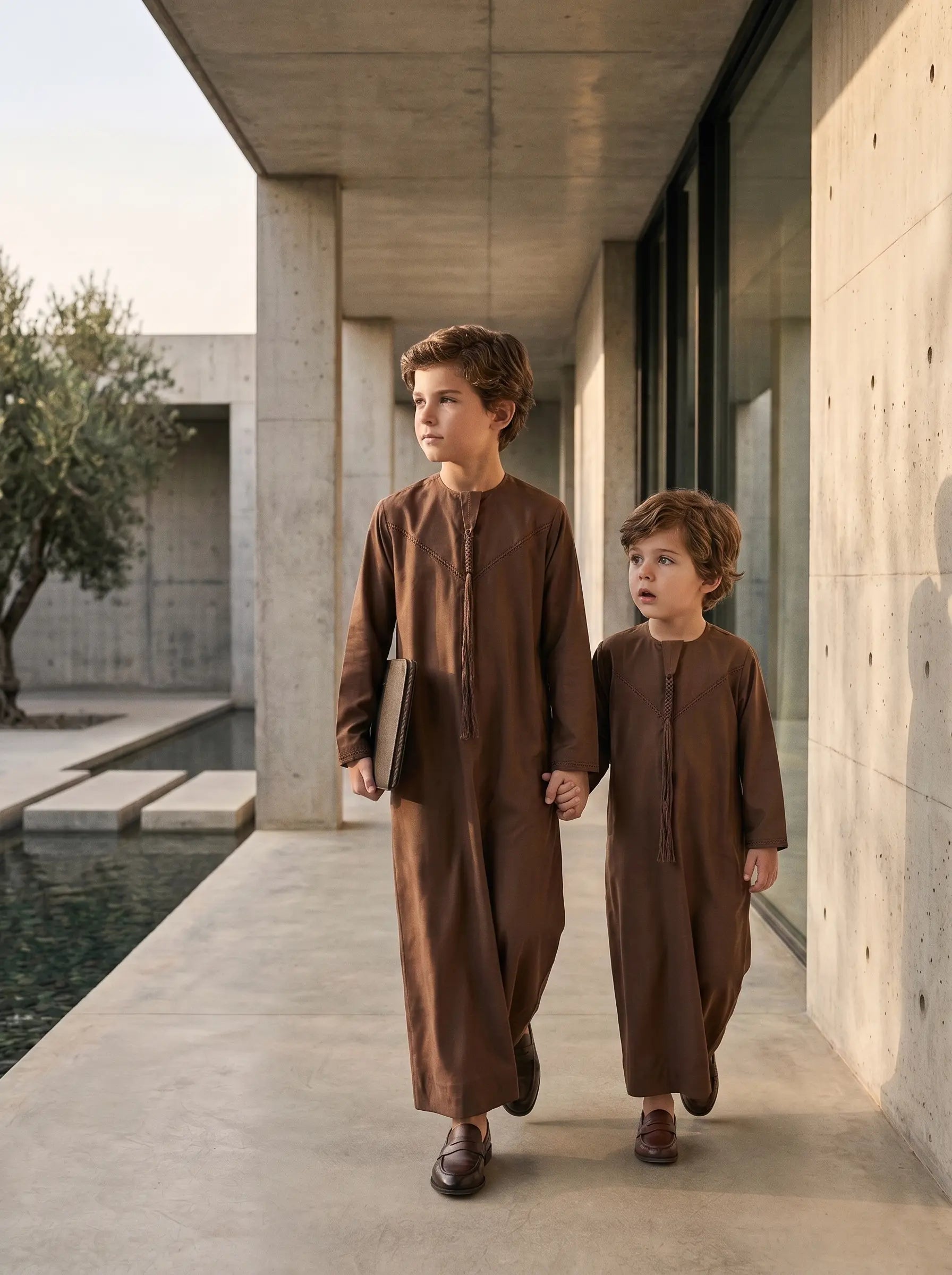 Premium Mocha Brown Emirati Thobe for Kids with Braided Tarboush