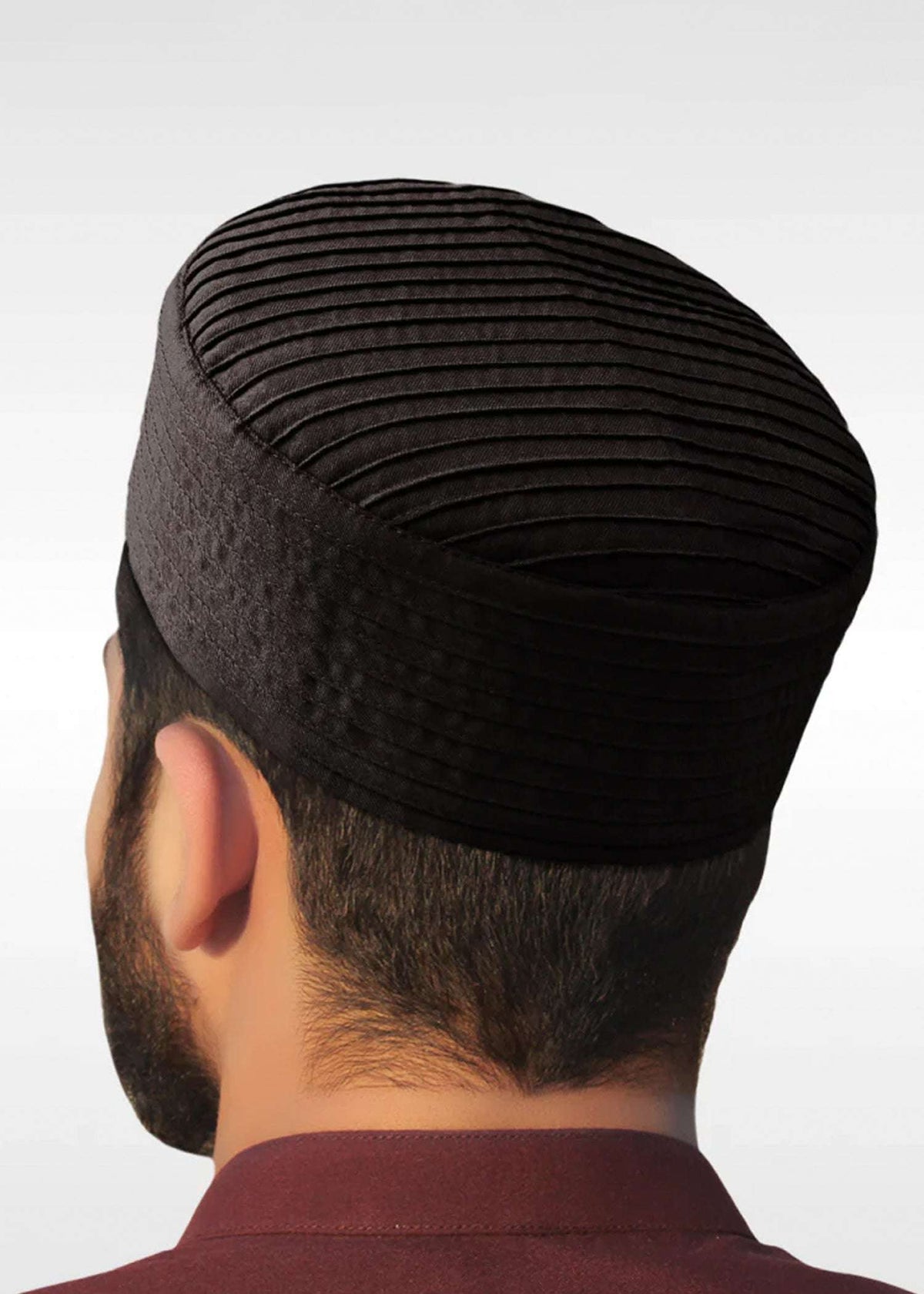 Black ribbed structured kufi prayer cap for men, made for daily salah