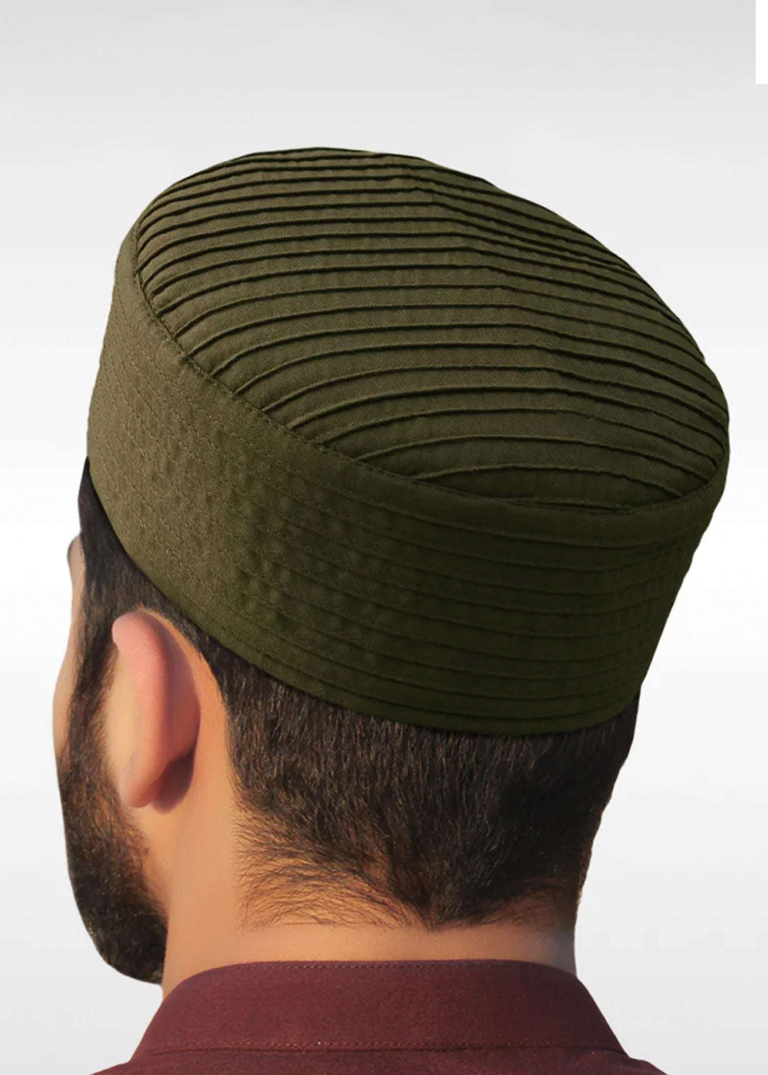 Olive ribbed structured kufi prayer cap for men, shown from the front