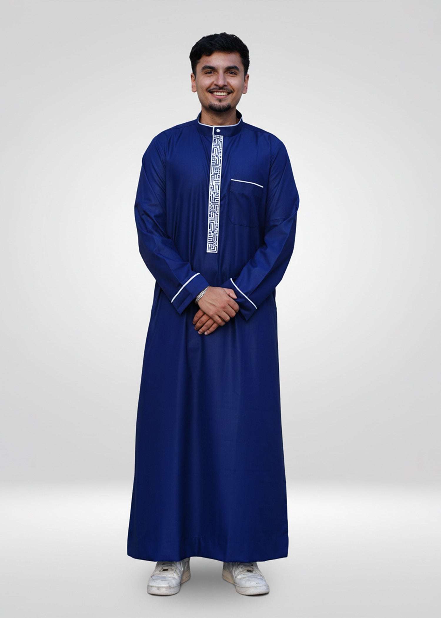 Royal blue and silver embroidered thobe with mandarin collar for men, full front view