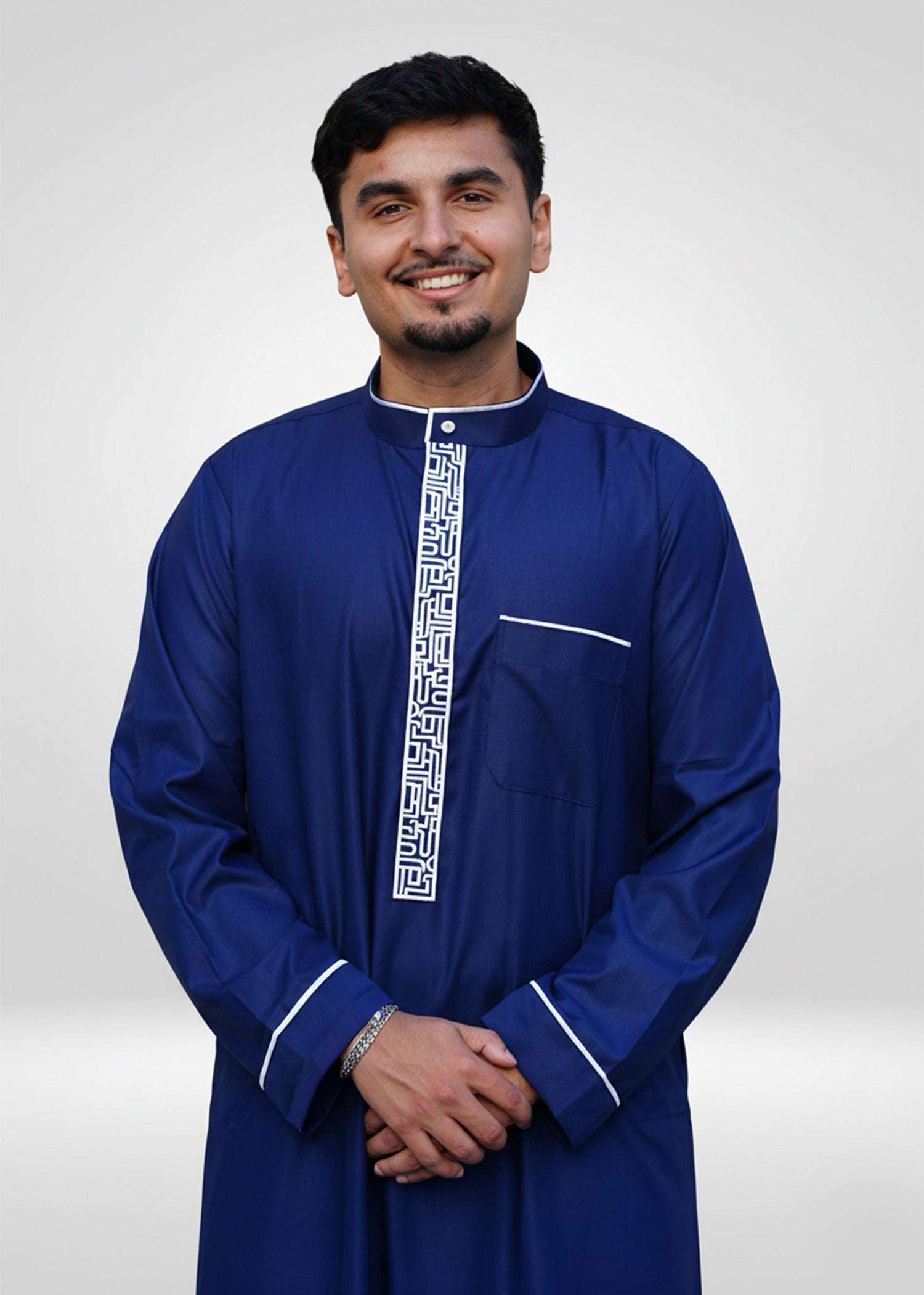 Royal blue and silver embroidered thobe with mandarin collar for men, sleeve cuff detail