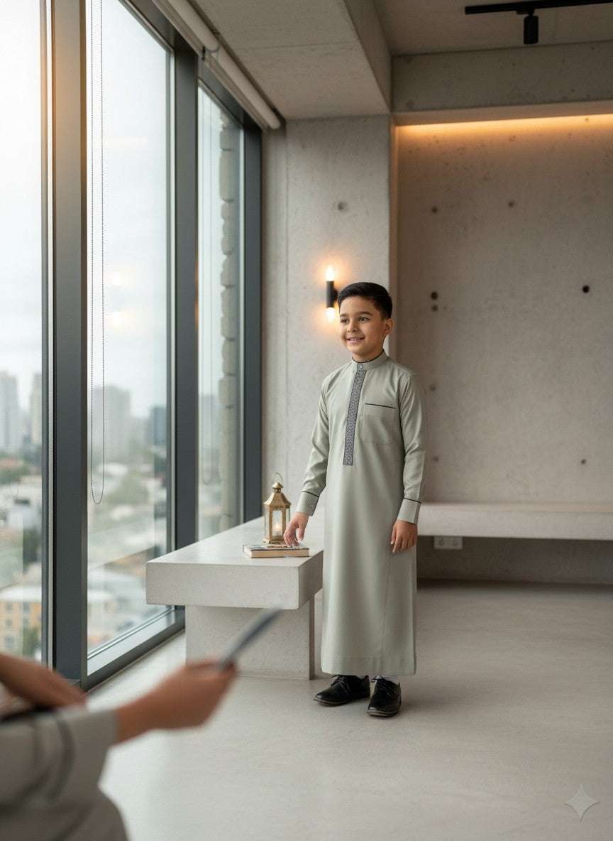 Sage green embroidered thobe for boys, close-up of the collar and buttons