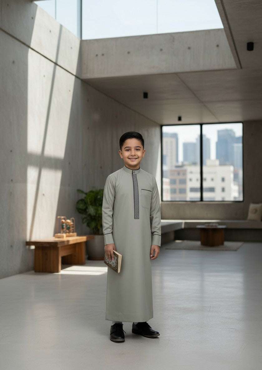 Sage green embroidered thobe for boys, embroidery shown in close detail