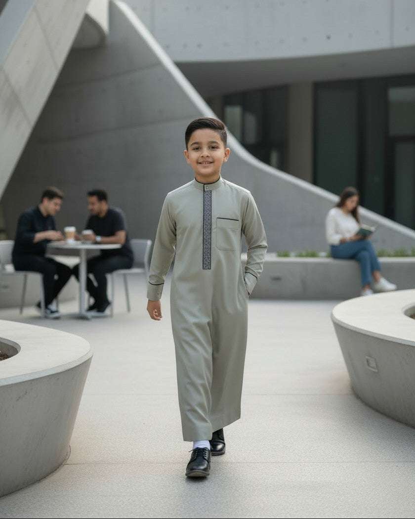 Sage green embroidered thobe for boys, stitched pattern in close detail